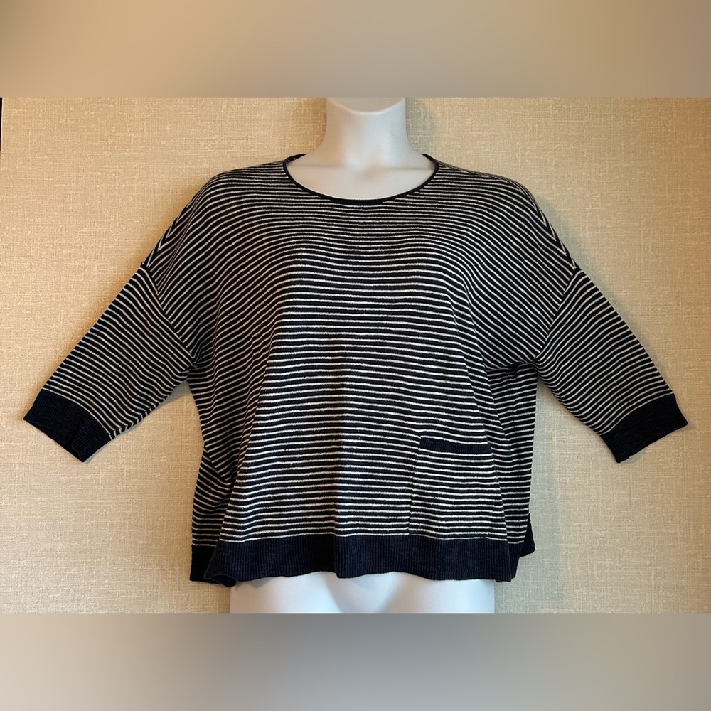 Eileen Fisher navy blue white stripe linen cotton pullover sweater size large